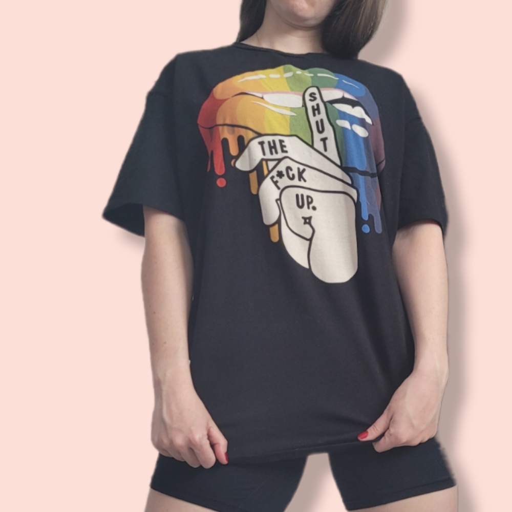 Rainbow STFU lips shirt, size small, by GenX. Unique, edgy, streetwear.